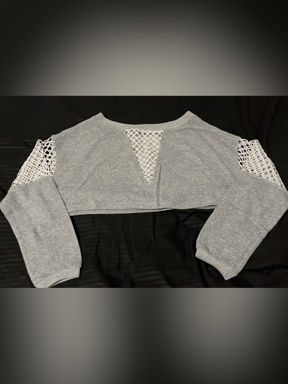 Women's Light Gray Long-Sleeve Knit Top with Mesh Insets